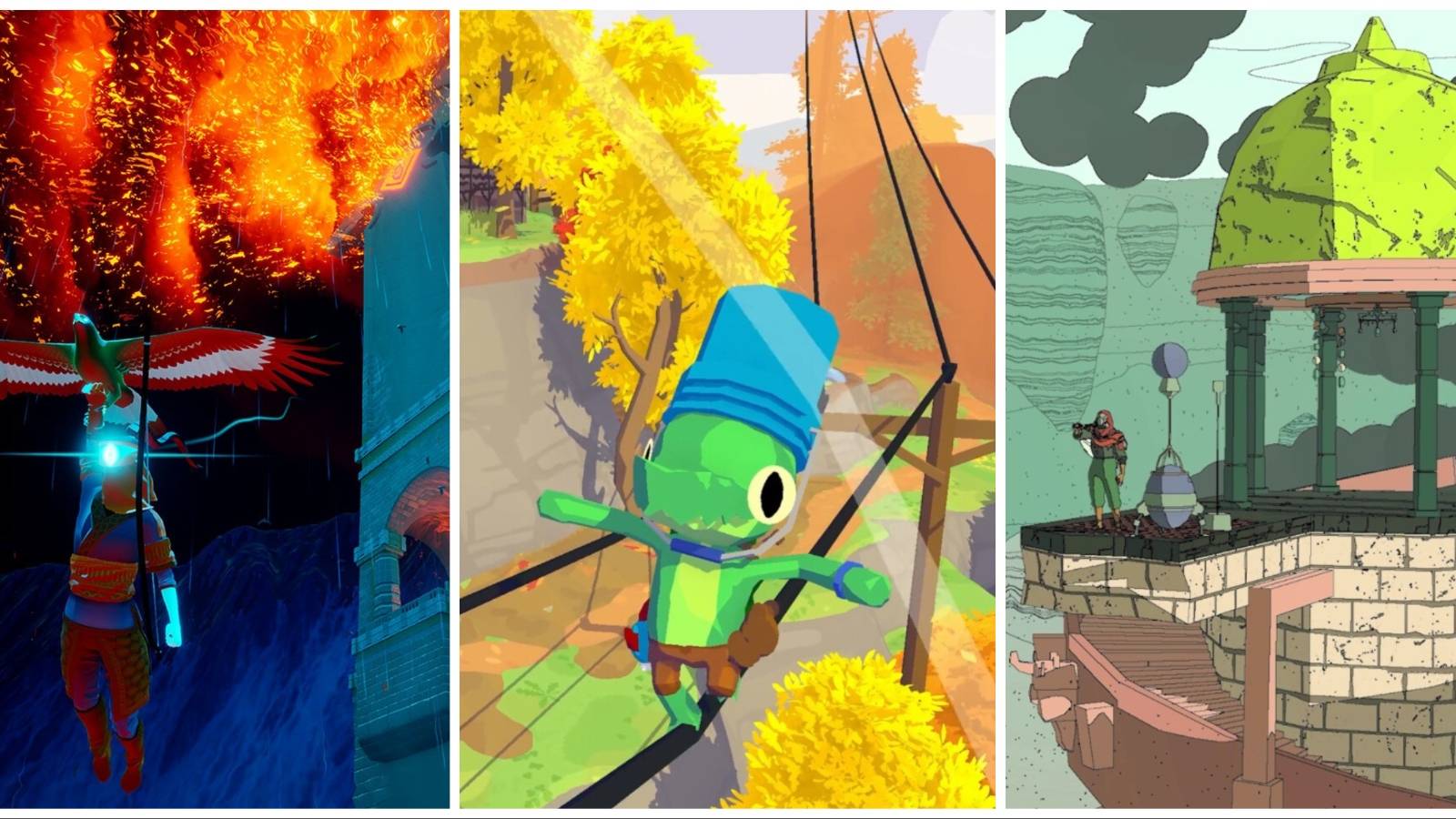 Featured image of open world platformers including The Pathless, Lil Gator Game, and Sable