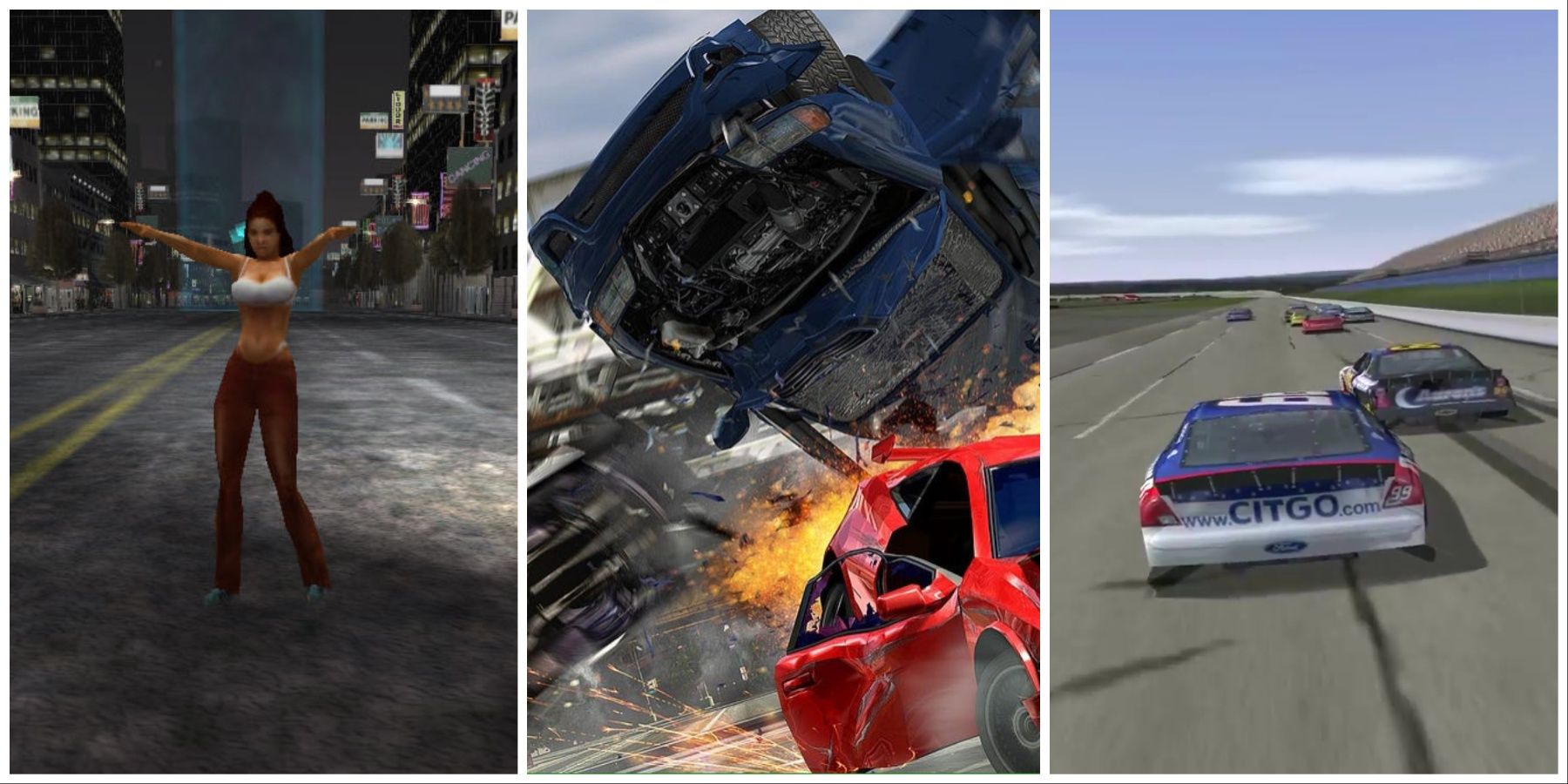 A featured image about the best PS2 racing games, including Midnight Club 2, Burnout 3: Takedown, and NASCAR Thunder 2002.