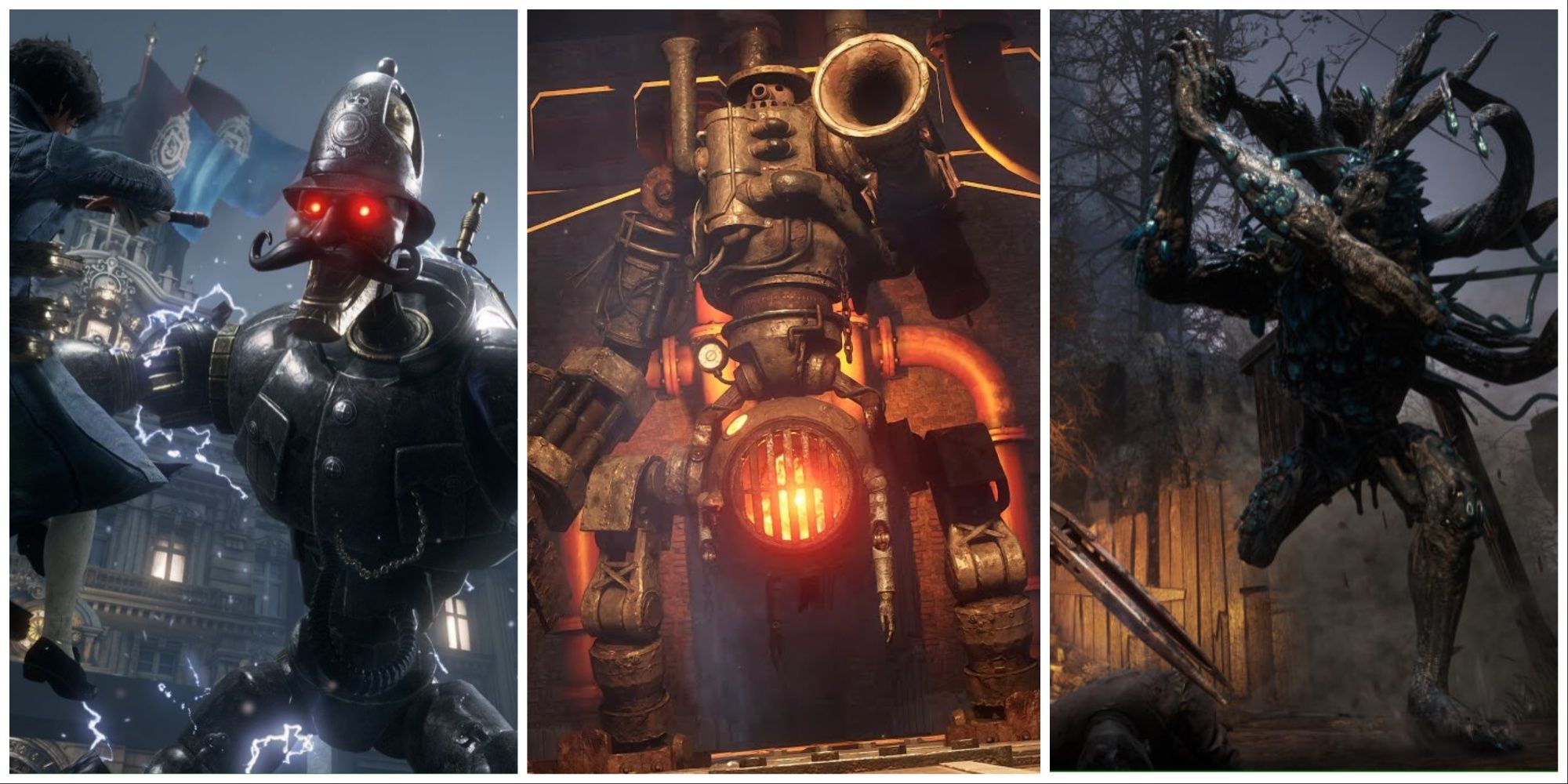 P battling the Scrapped Watchman, King's Flame Fuoco, and a Mutated Beast