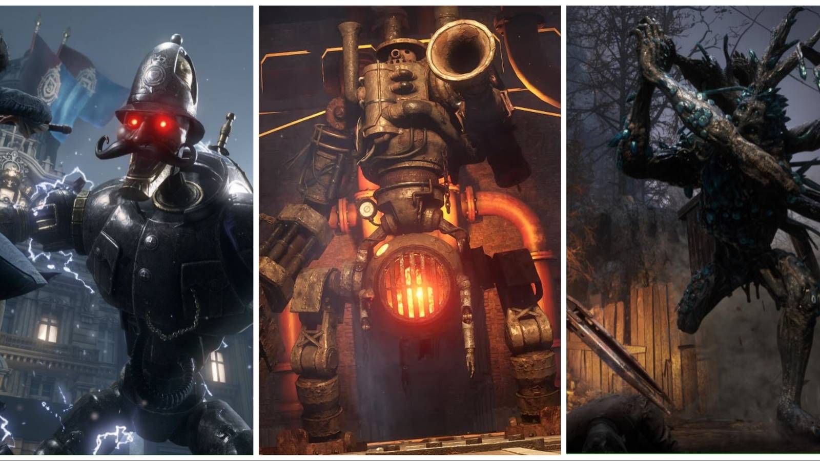 P battling the Scrapped Watchman, King's Flame Fuoco, and a Mutated Beast