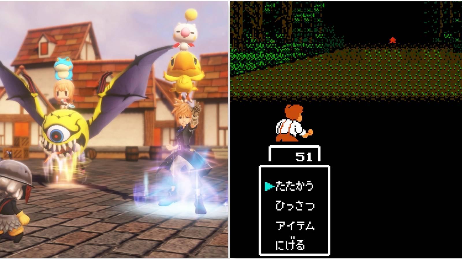 Fighting a battle in World Of Final Fantasy and Square No Tom Sawyer