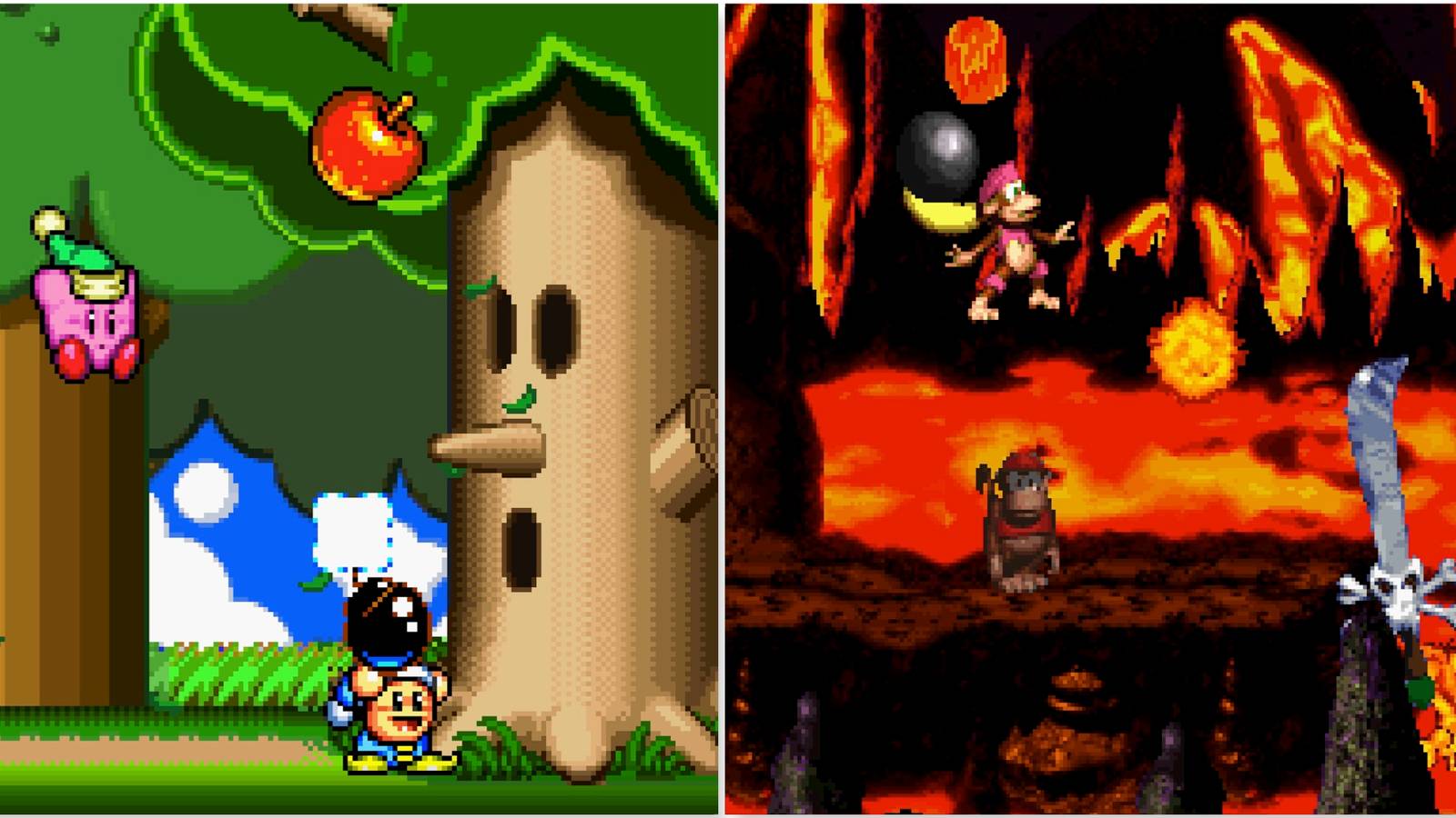 Fighting a boss in Kirby Super Star and Fighting enemies in Donkey Kong Country 2 Diddy’s Kong Quest
