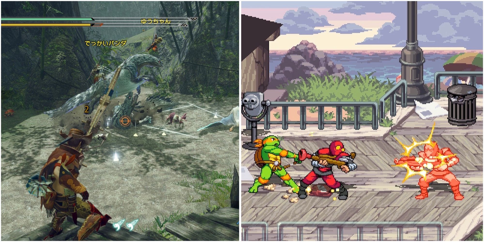 Fighting enemies in Monster Hunter Rise and Teenage Mutant Ninja Turtles Shredder's Revenge