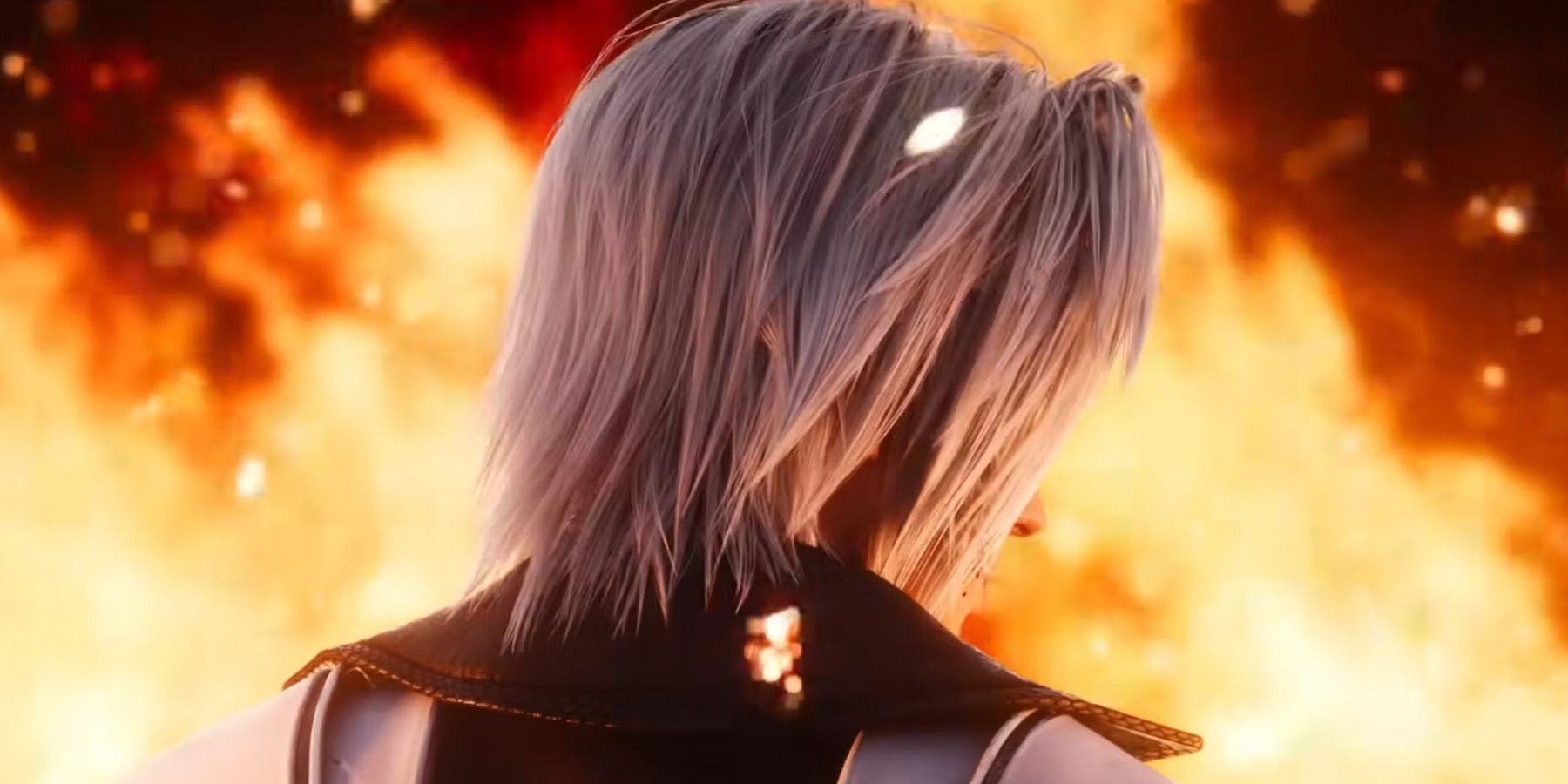 A promotional shot of a young Sephiroth standing in front of a fire with his back turned to the camera in Final Fantasy 7 Ever Crisis.