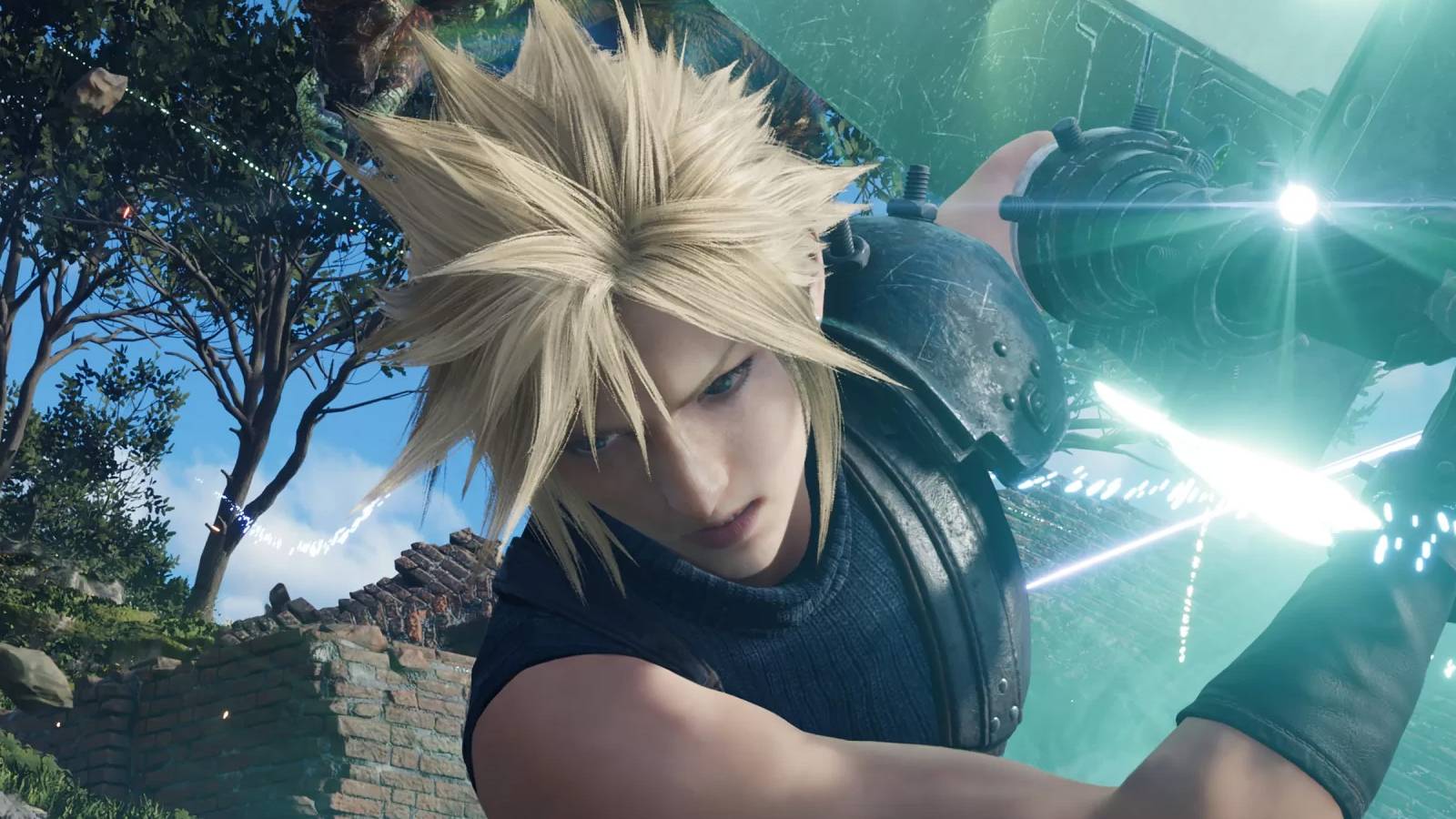 A screenshot of Cloud Strife readying his Buster Sword for an attack in Final Fantasy 7 Rebirth.
