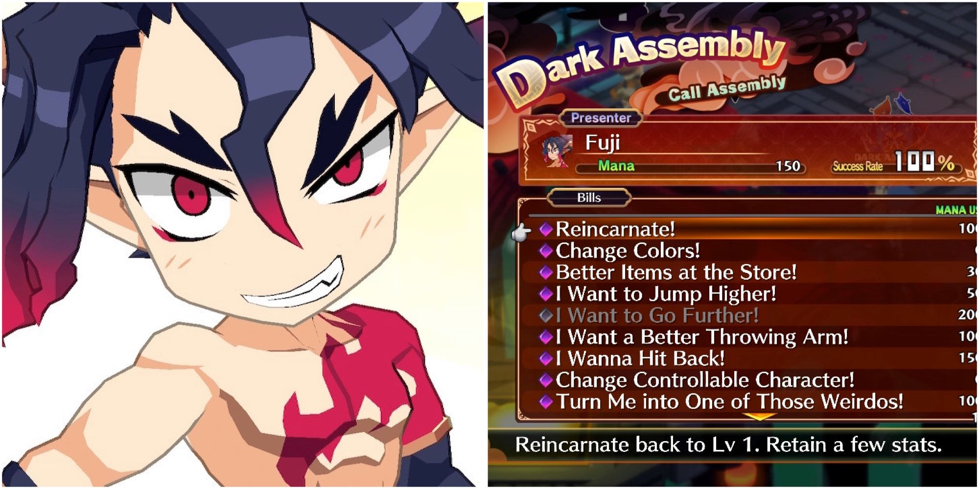 Fuji and The Dark Assembly menu in Disgaea 7