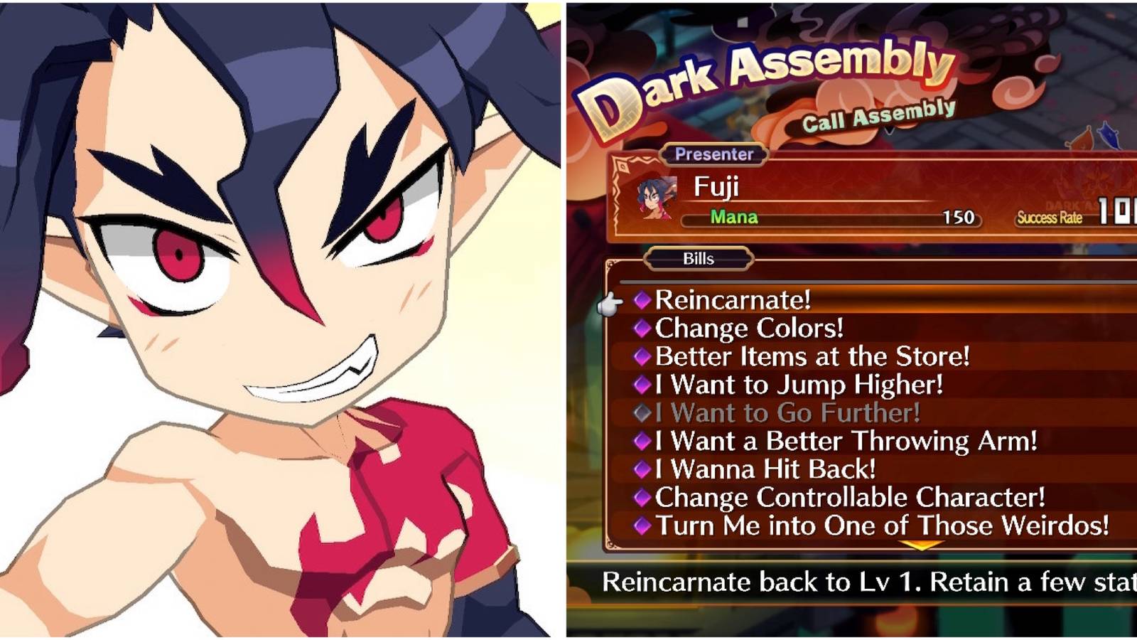 Fuji and The Dark Assembly menu in Disgaea 7