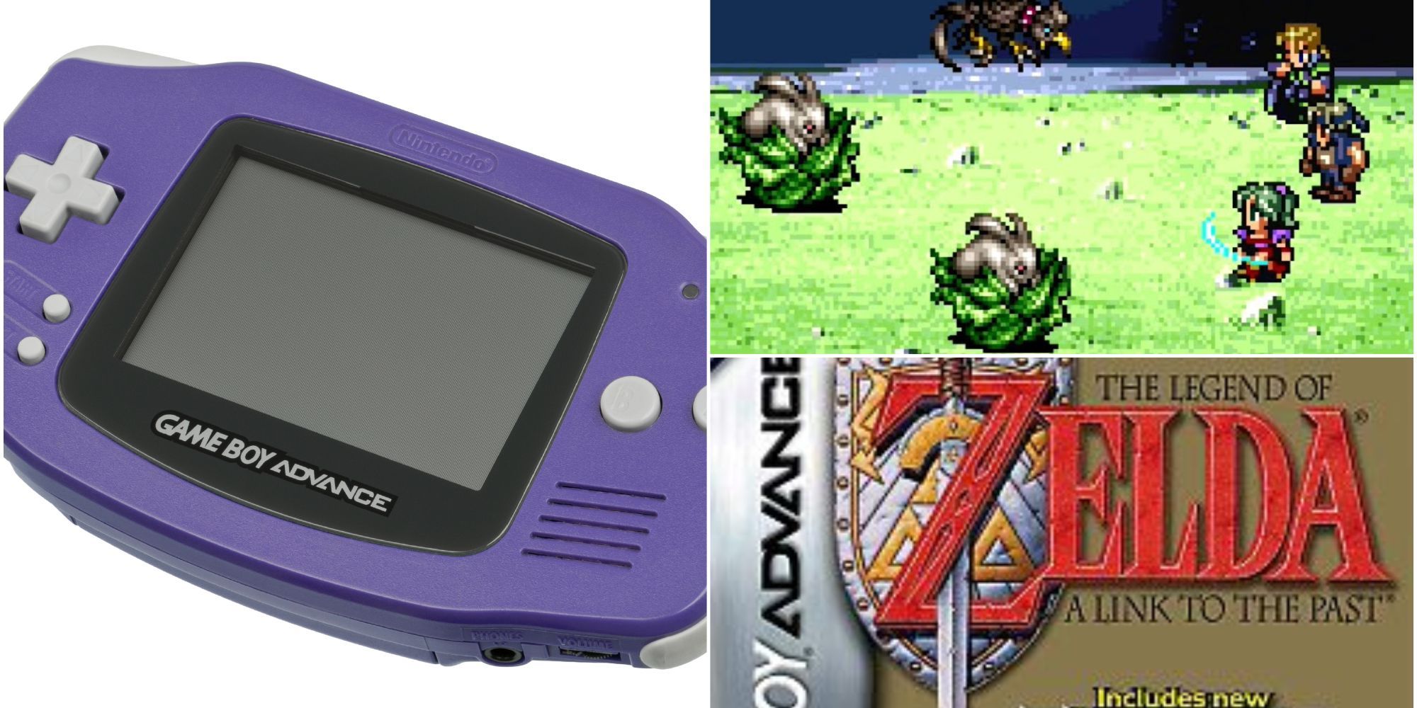 A purple Gameboy Advance beside its titles The Legend of Zelda: A Link To The Past and Final Fantasy 3