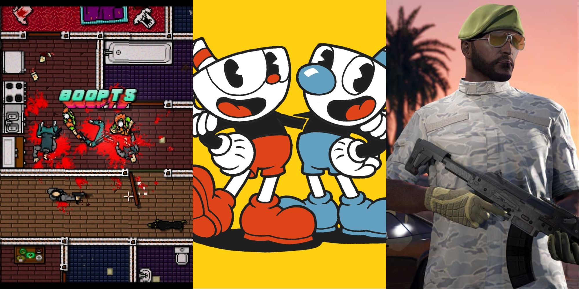 Gameplay from Hotline miami, Cuphead and Grand theft auto online