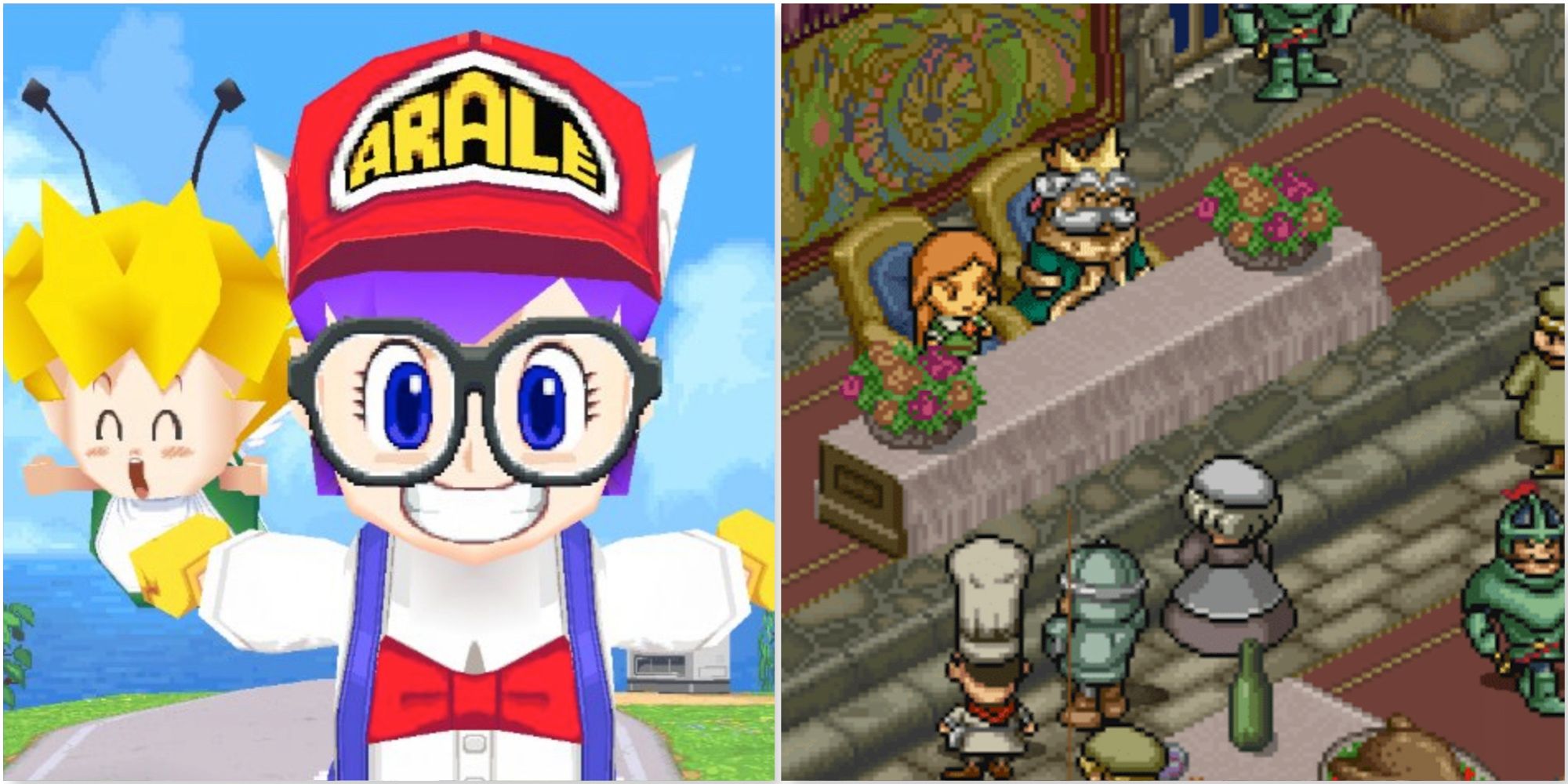 Gatchan and Arale in Dr. Slump and A cutscene featuring characters in Popolocrois Monogatari
