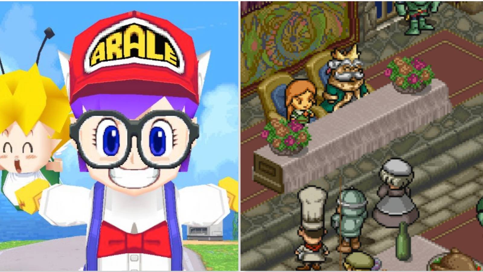 Gatchan and Arale in Dr. Slump and A cutscene featuring characters in Popolocrois Monogatari