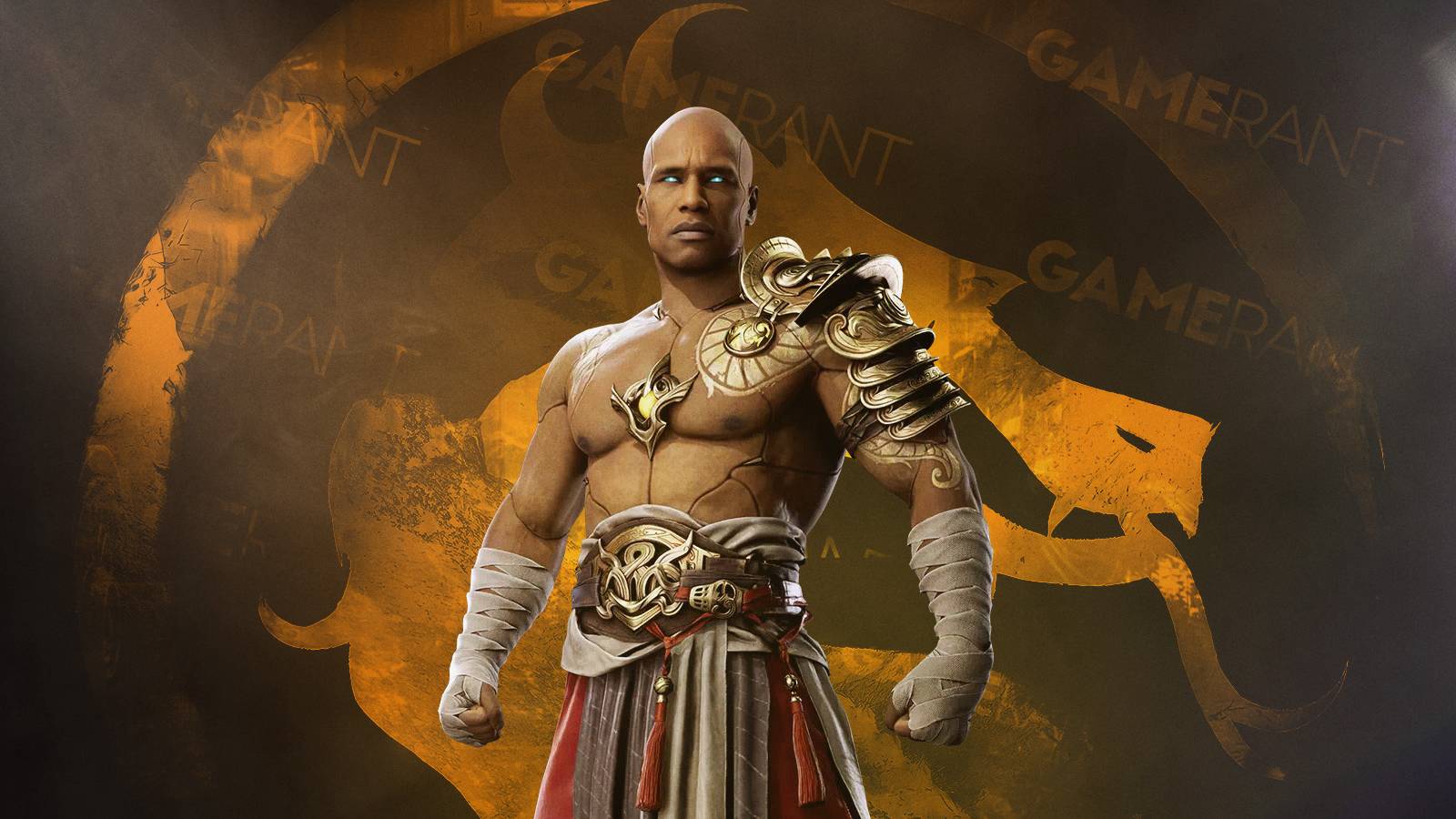 Geras in front of the Mortal Kombat logo (Gold)