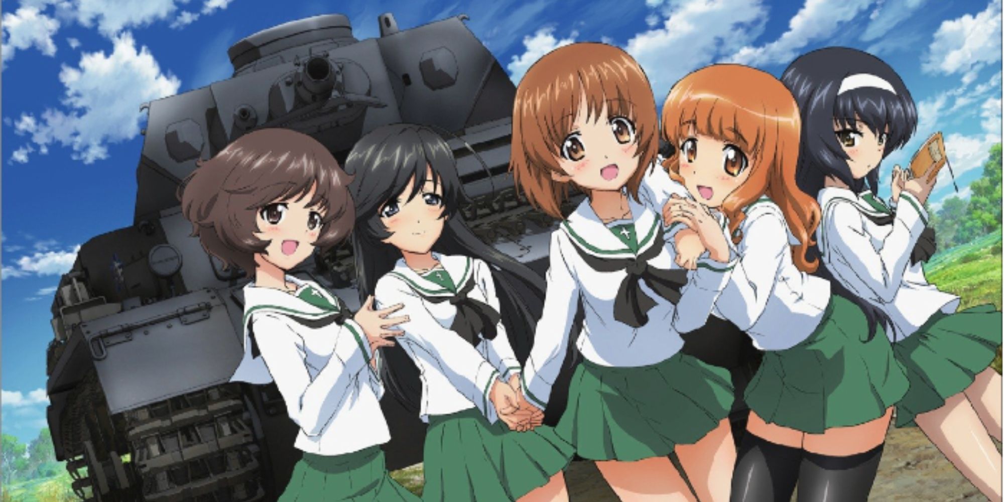 five girls stand in front of a tank