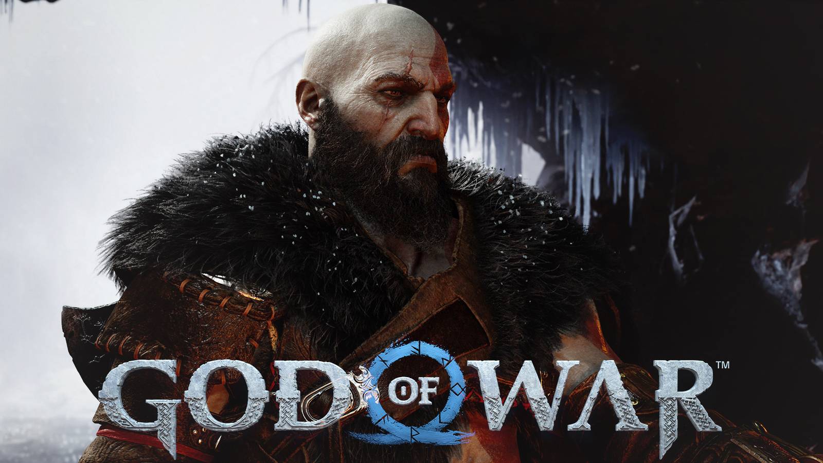 God of War Ragnarok Kratos close-up behind series logo