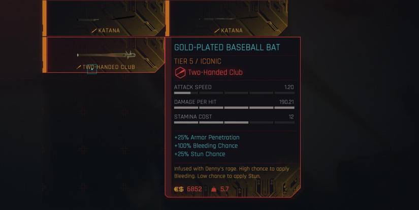 The Gold-Plated Baseball Bat iconic weapon in Cyberpunk 2077