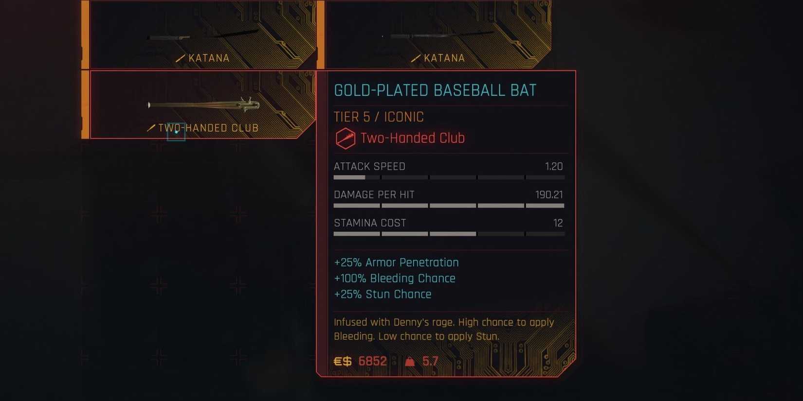 The Gold-Plated Baseball Bat iconic weapon in Cyberpunk 2077