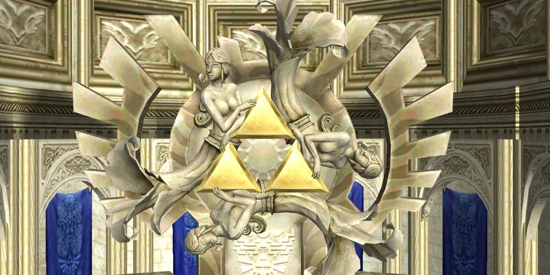 Statue of the Golden Goddesses Din, Farore, and Nayru holding the Triforce in The Legend of Zelda: Twilight Princess