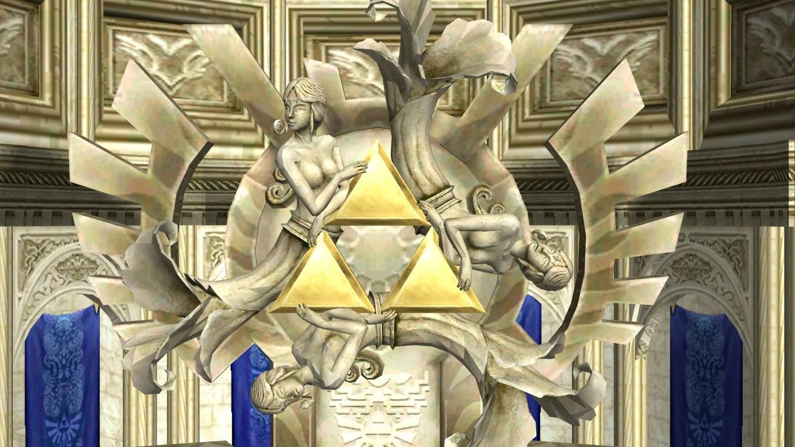 Statue of the Golden Goddesses Din, Farore, and Nayru holding the Triforce in The Legend of Zelda: Twilight Princess
