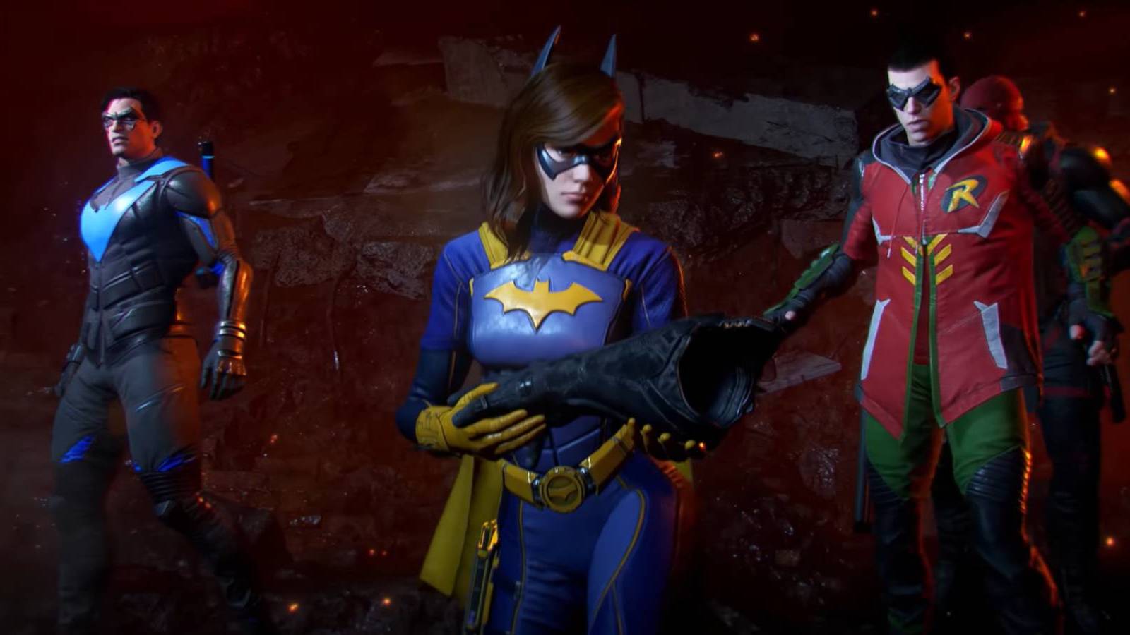 Batgirl recovers Batman's glove in the intro of Gotham Knights