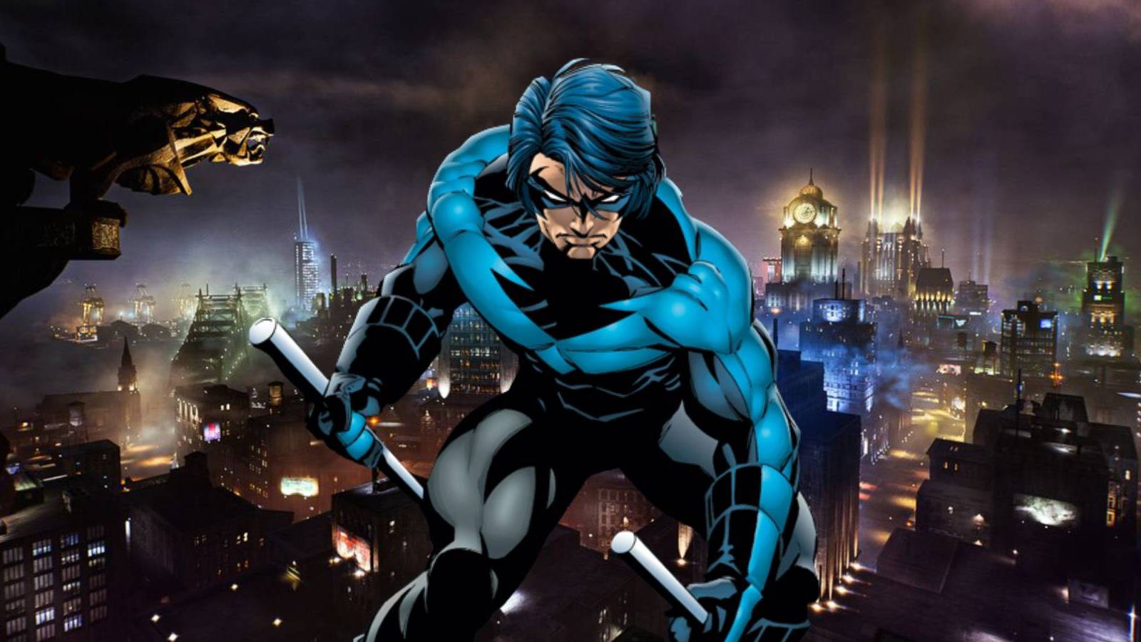 Nightwing over Gotham City as seen in Gotham Knights