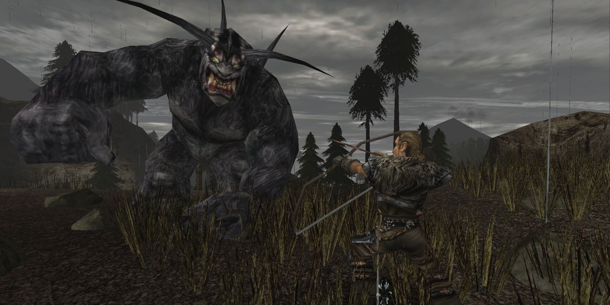 A player attacking a monster in the rain in Gothic 2