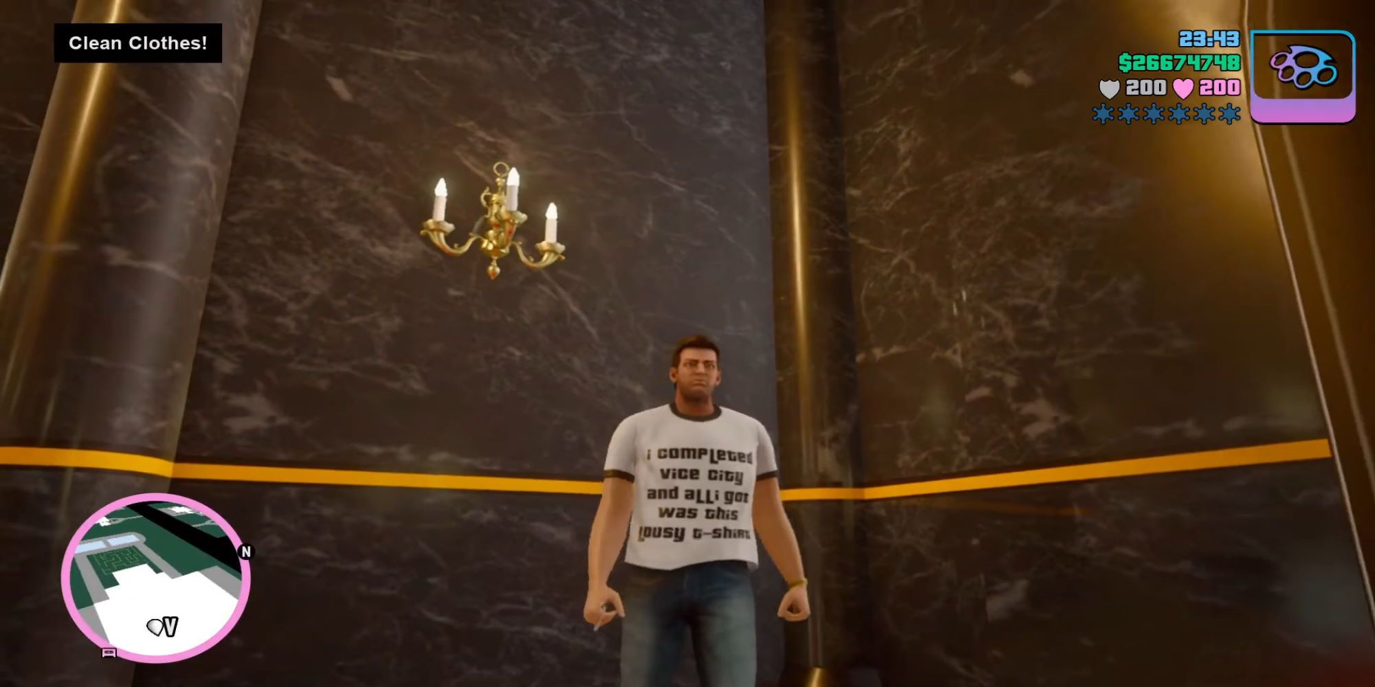 Tommy Vercetti wearing a shirt that says "I COMPLETED VICE CITY AND ALL I GOT WAS THIS LOUSY T-SHIRT"