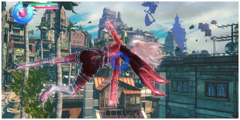 A girl sideways flying through a city