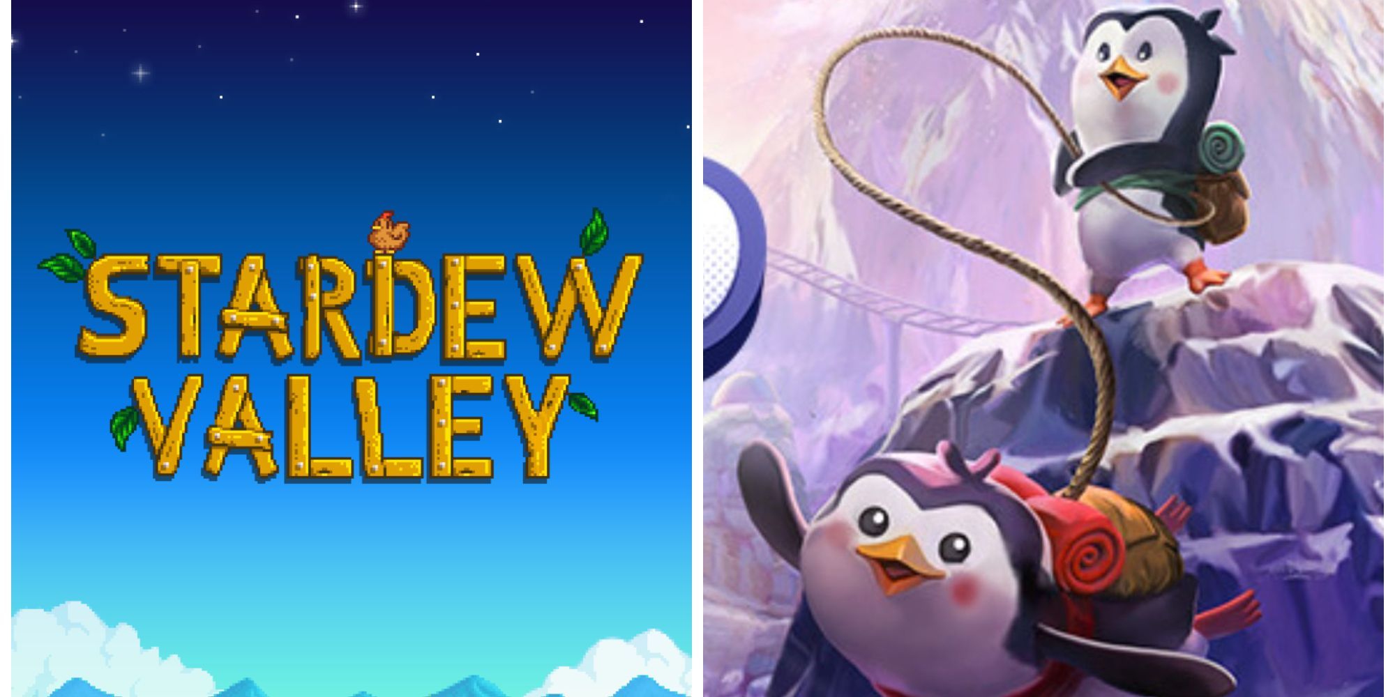 Stardew Valley title screen beside Bread & Fred, the eponymous explorer penguins