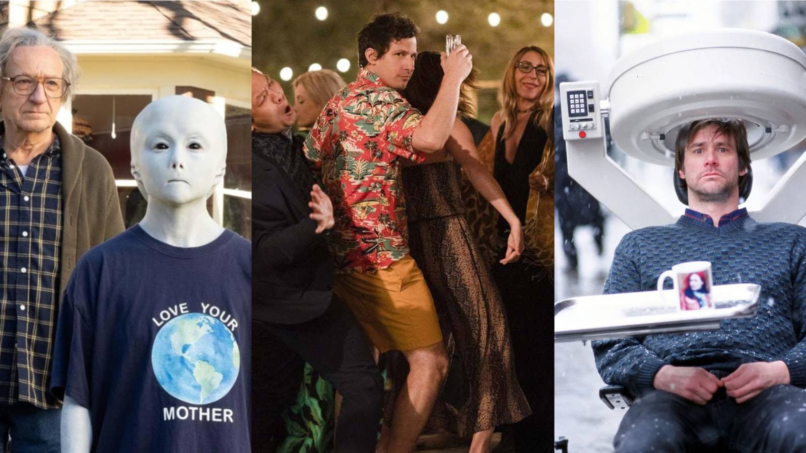 Three stills from Jules, Palm Springs, and Eternal Sunshine of The Spotless Mind