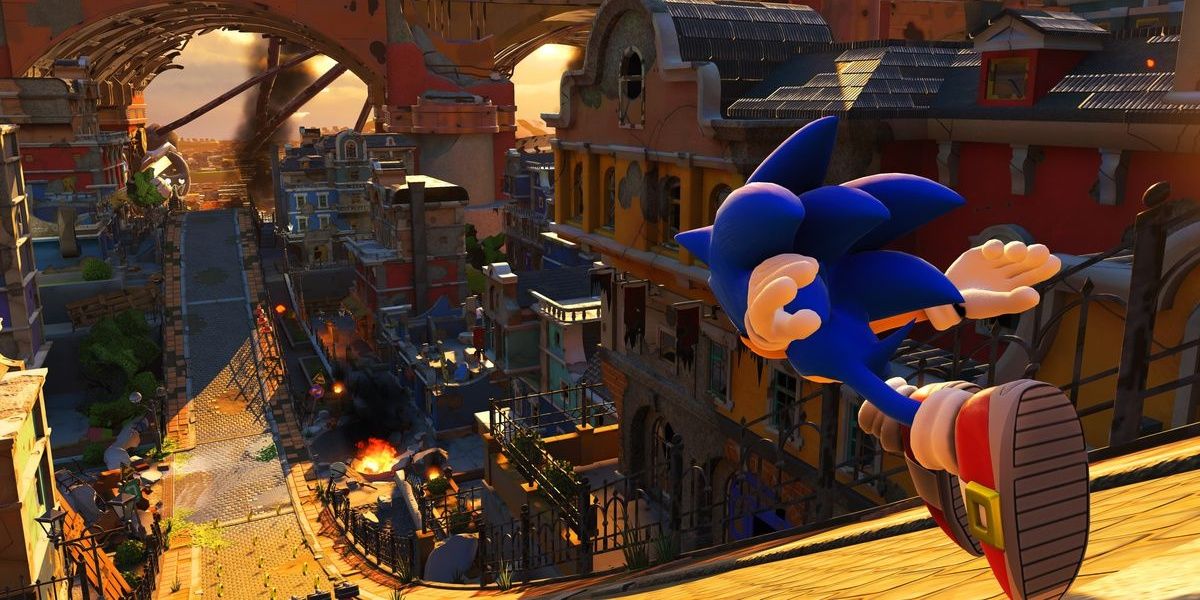 Sonic running through the ruined city in Sonic Forces