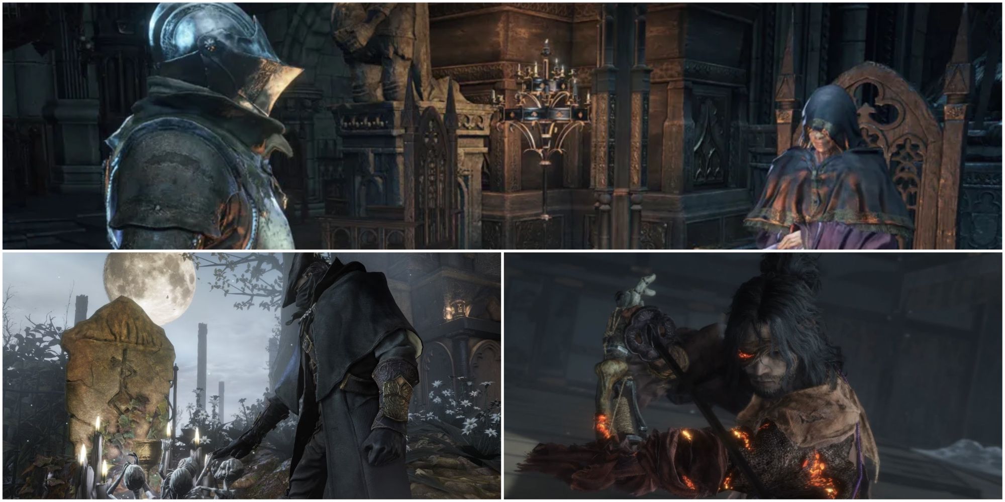 Split image showing Dark Souls, Bloodborne and Sekiro.