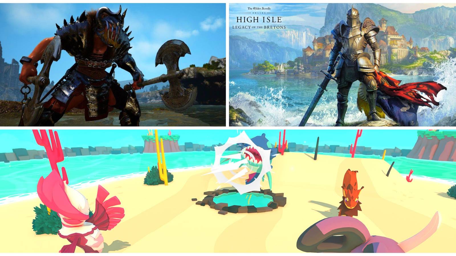 A split image of Black Desert Online, Elder Scrolls Online, and Temtem