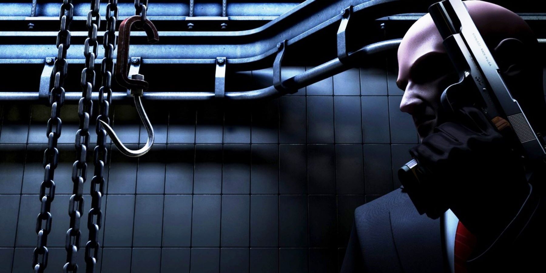 Hitman Contracts - Agent 47 holding a gun in the shadows while looking at a meat hook in a kitchen