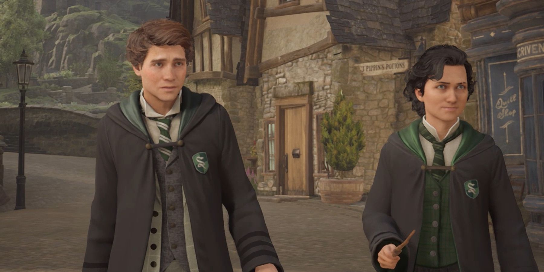 Hogwarts Legacy Sebastian and PC in Hogsmeade