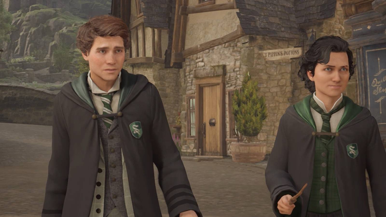 Hogwarts Legacy Sebastian and PC in Hogsmeade