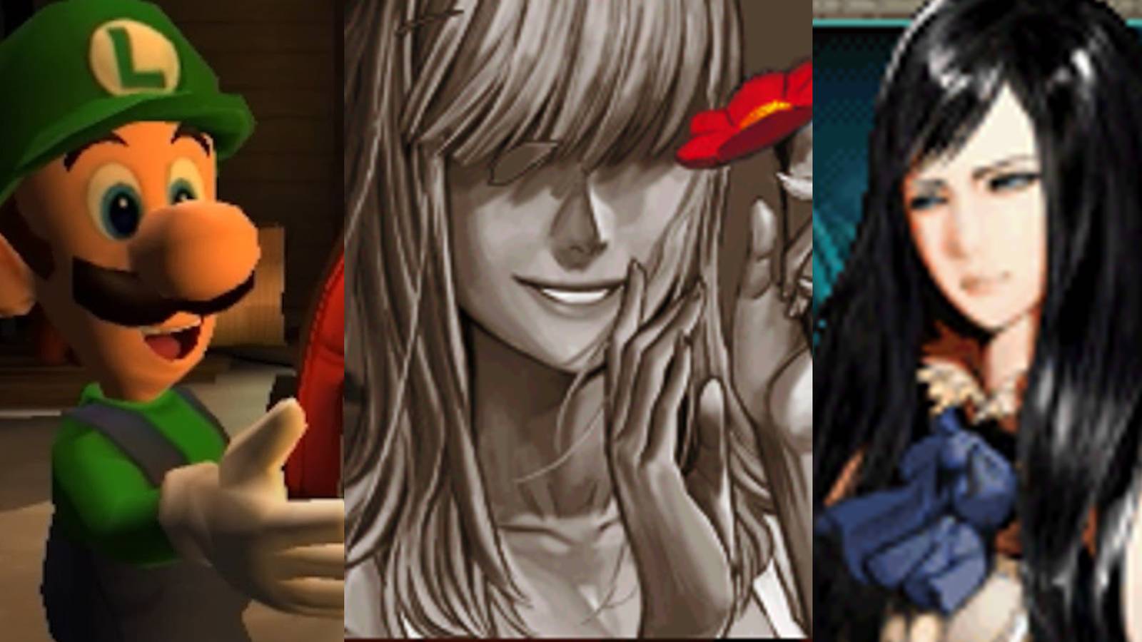 Luigi smiling; a girl holding a red flower; Shanoa grimacing
