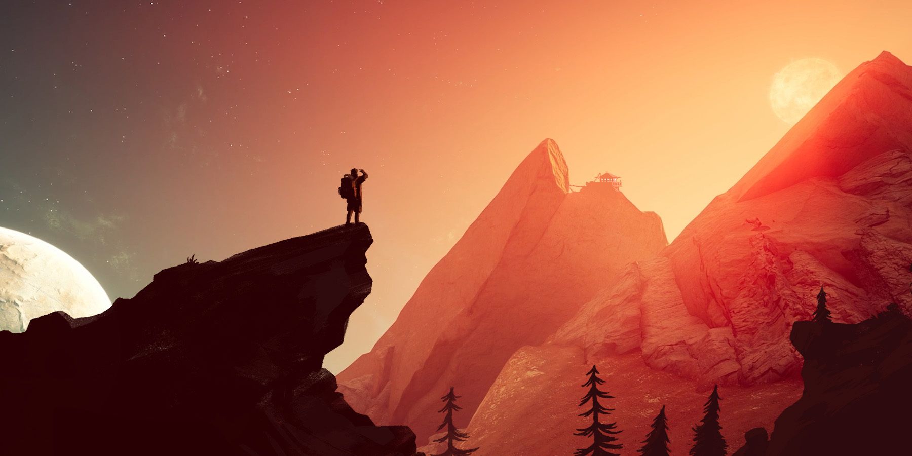 Firewatch image should man overlooking mountains