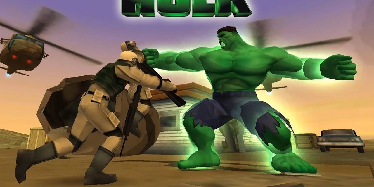 The Hulk battles army soldiers and helicopters in a desert base