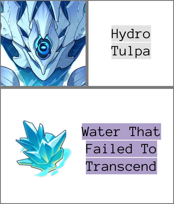an infographic showing the Hydro Tulpa and the item it drops called Water that Failed to Transcend 