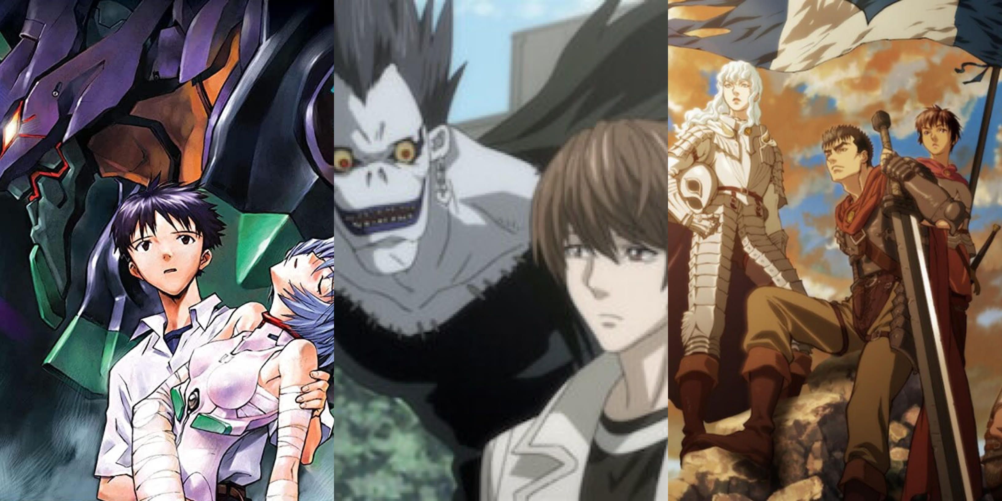 Intense Anime: Neon Genesis Evangelion (left), Death Note (middle), and Berserk (right)