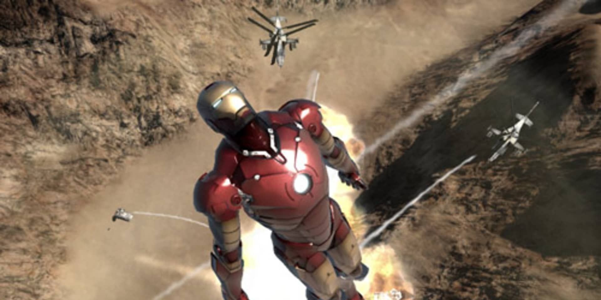 Iron Man flies away from enemy helicopters in a desert area 