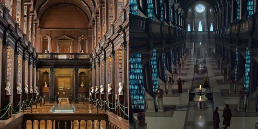 The Long Room in Dublin's Trinity College, contrasted with the Jedi archives