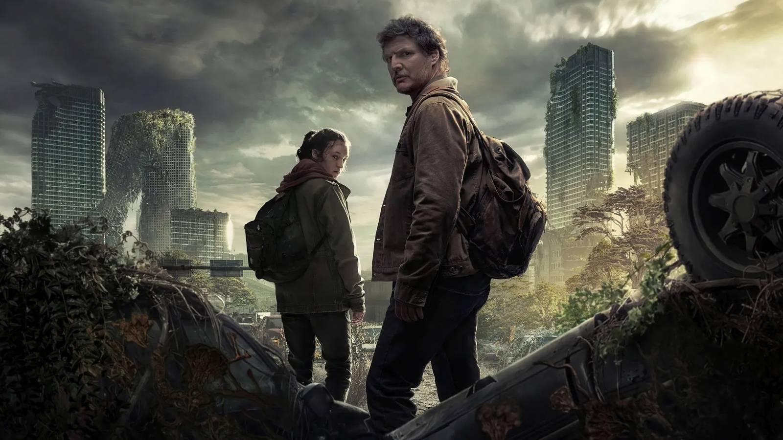 Joel and Ellie looking back on a poster for The Last of Us