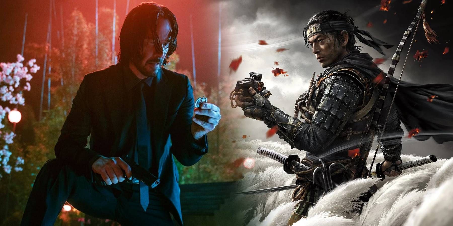 Keanu Reeves as John Wick and Jin Sakai from the video game Ghost of Tsushima
