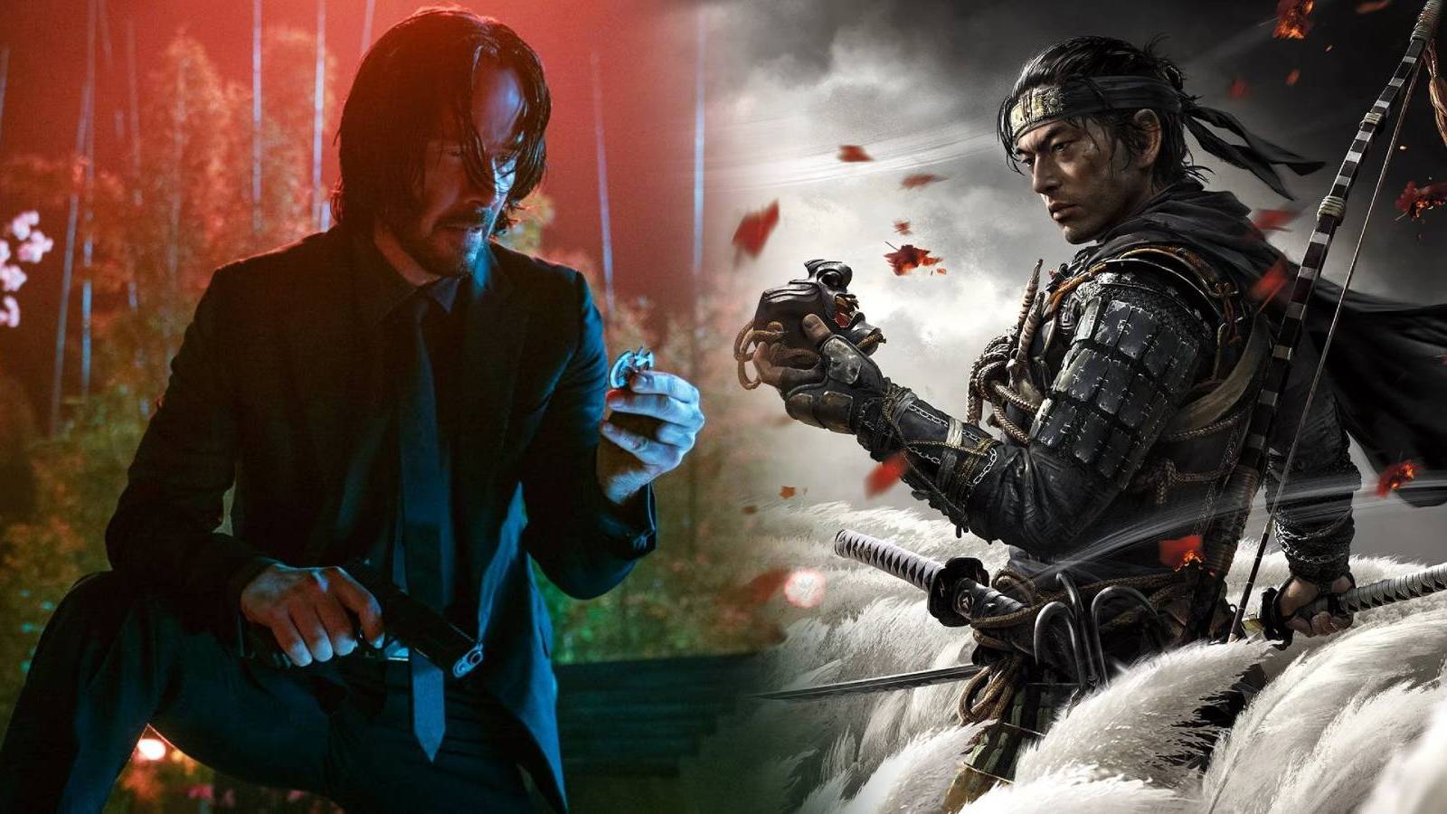 Keanu Reeves as John Wick and Jin Sakai from the video game Ghost of Tsushima