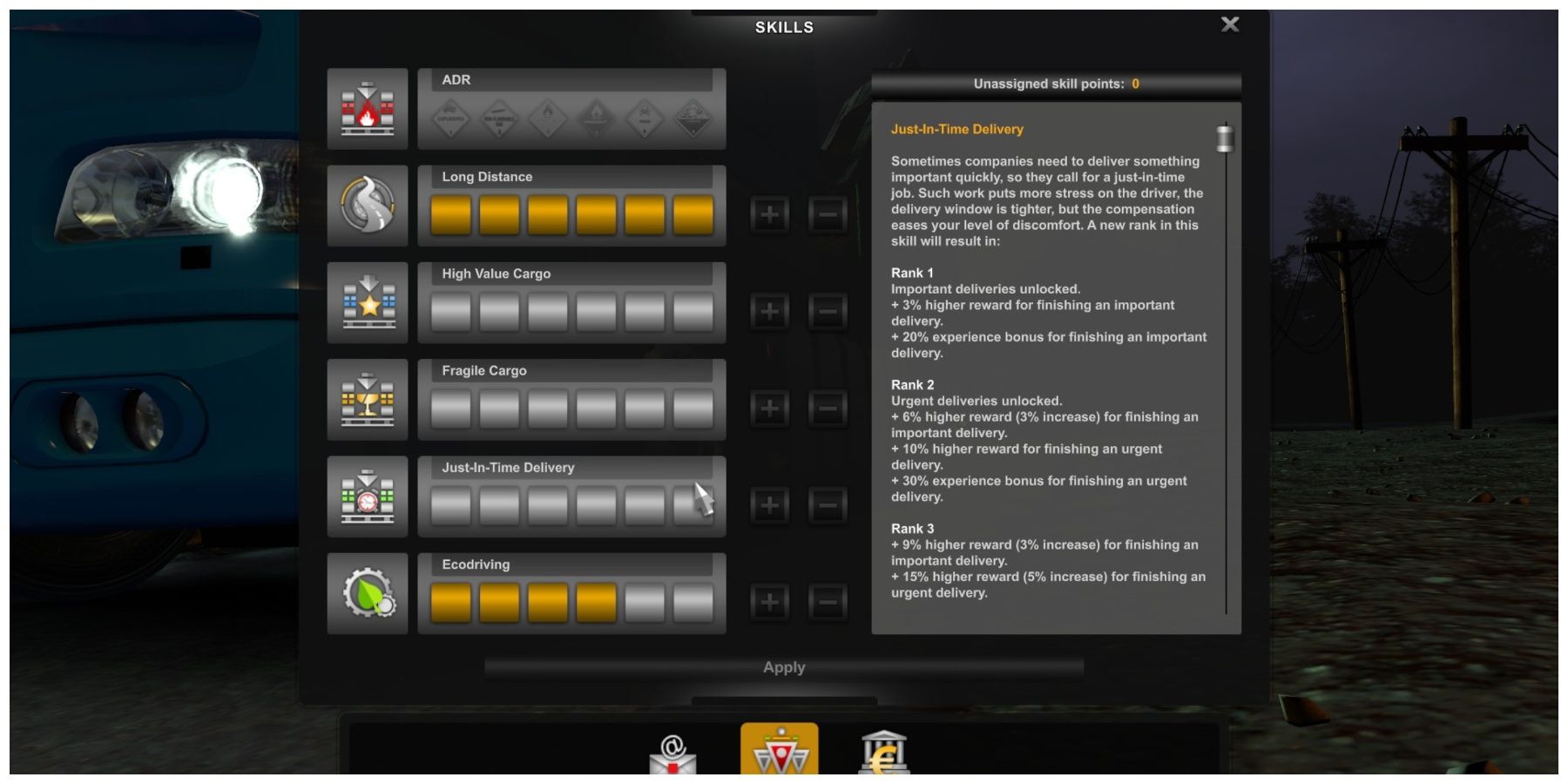 A screen showing the ranks of the Just In Time Delivery skill in Euro Truck Simulator 2