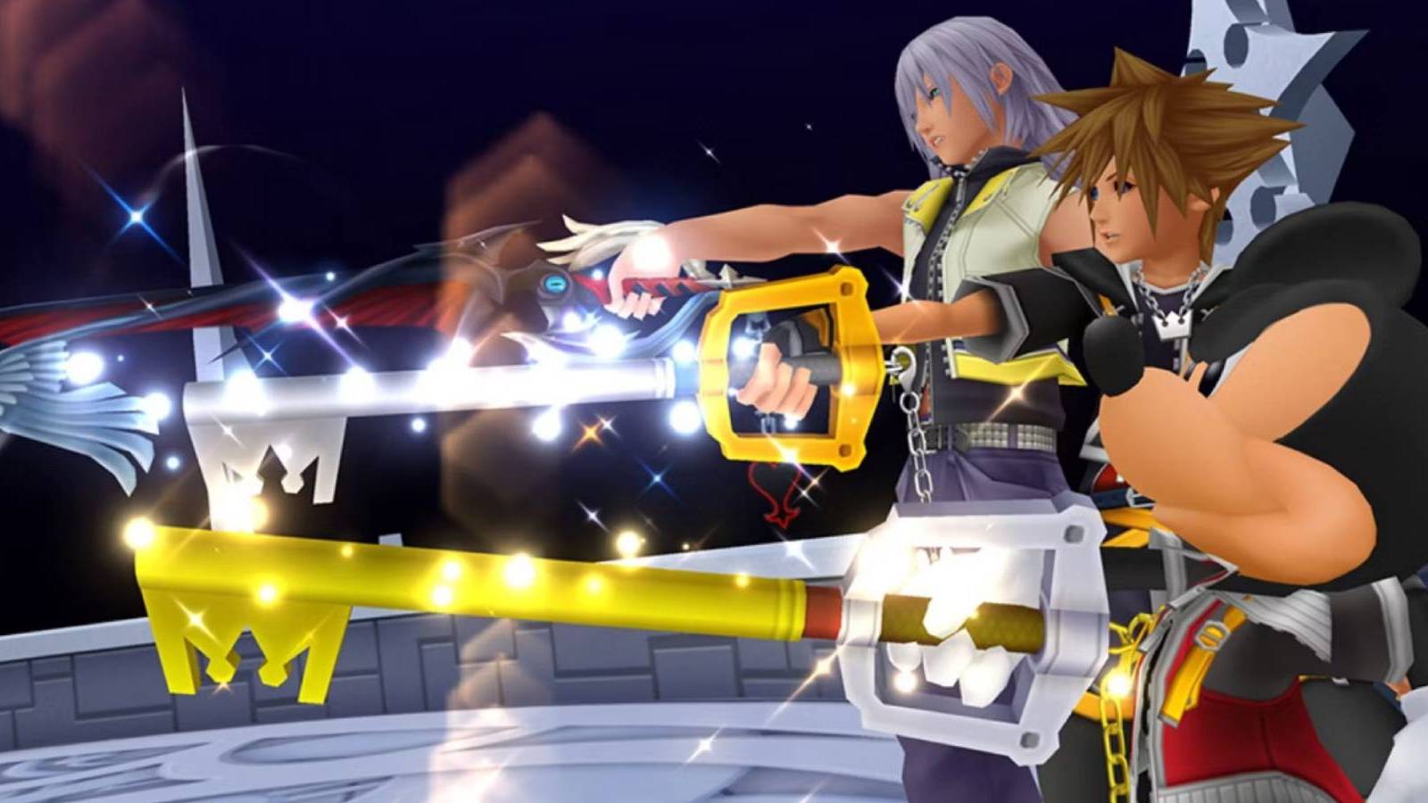 Riku, Sora, and Mickey from Kingdom Hearts wielding their Keyblades