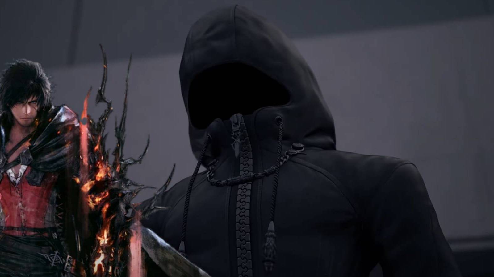 A hooded figure from the Kingdom Hearts 4 trailer with Clive from Final Fantasy 16