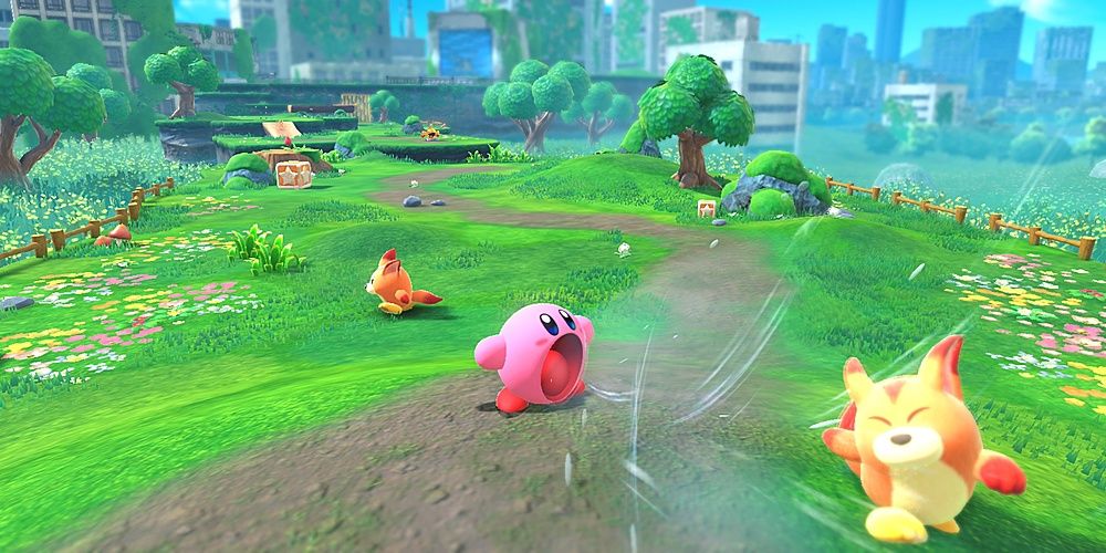 Kirby on a small hill inhaling a Wolfie with a level behind him in Kirby and the Forgotten Land