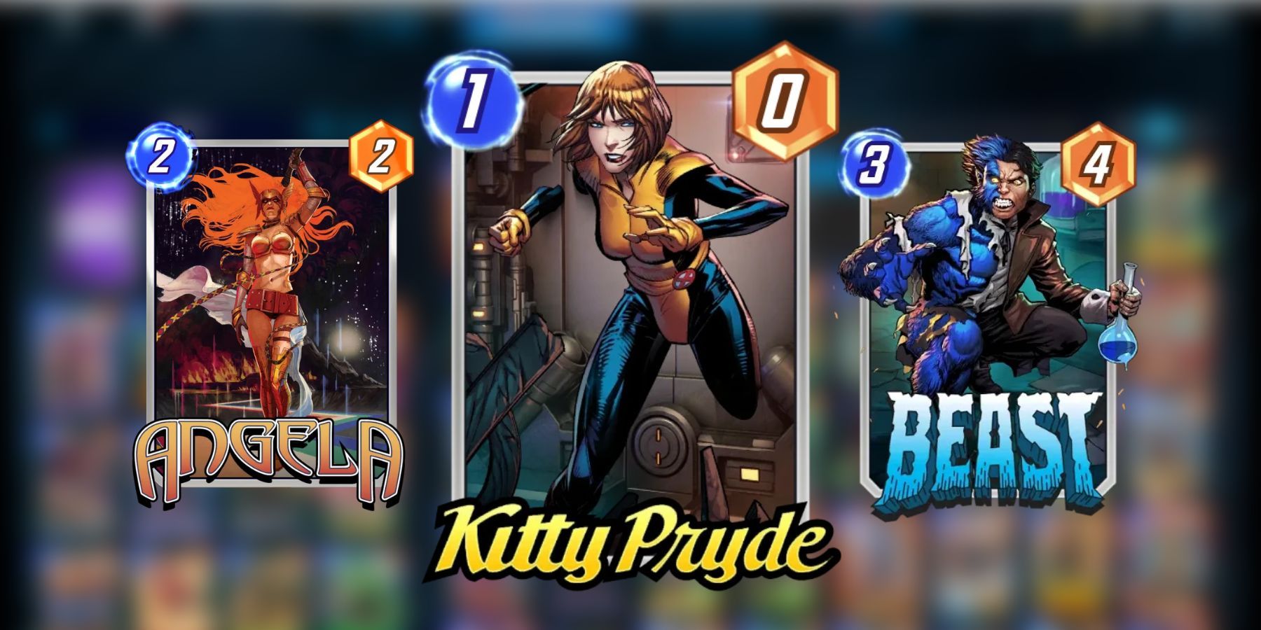 kitty pryde, angela, beast cards in marvel snap.